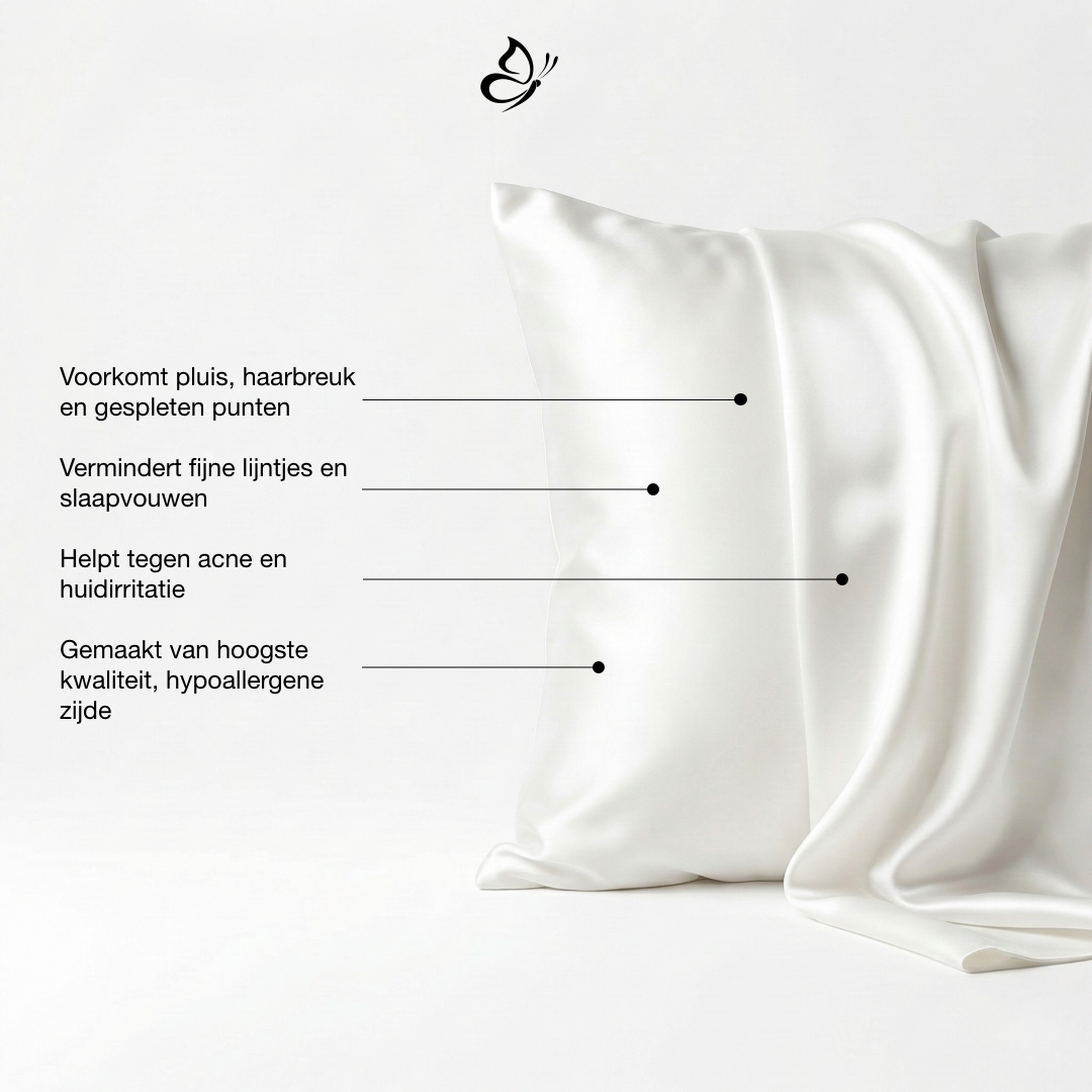 Wit zijden kussensloop op een witte achtergrond met tekst die de voordelen beschrijft