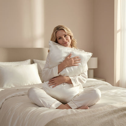 Vrouw ontspant op bed met een luxe lichtblauw zijden kussensloop