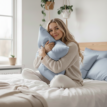 Vrouw ontspant op bed met een luxe lichtblauw zijden kussensloop