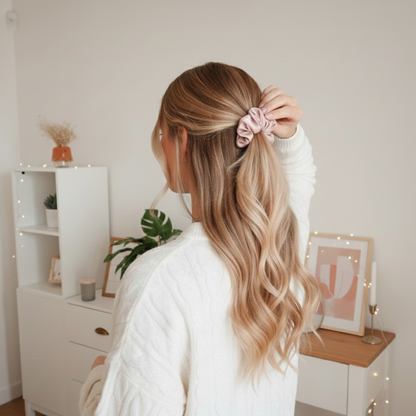 Blonde vrouw met zijden scrunchie in het haar voor een zachte en haarvriendelijke styling