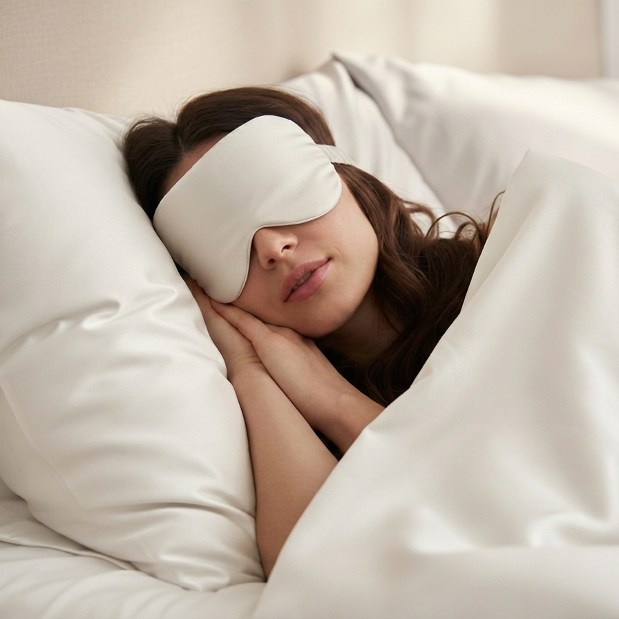 Vrouw slaapt met een zijden slaapmasker voor rust en comfort